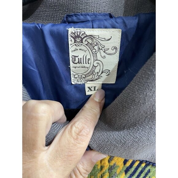 Tulle Jacket Womens XL Yellow Plaid Zip Up Gray Ribbed Trim Fold Collar Gorpcore - Picture 10 of 10